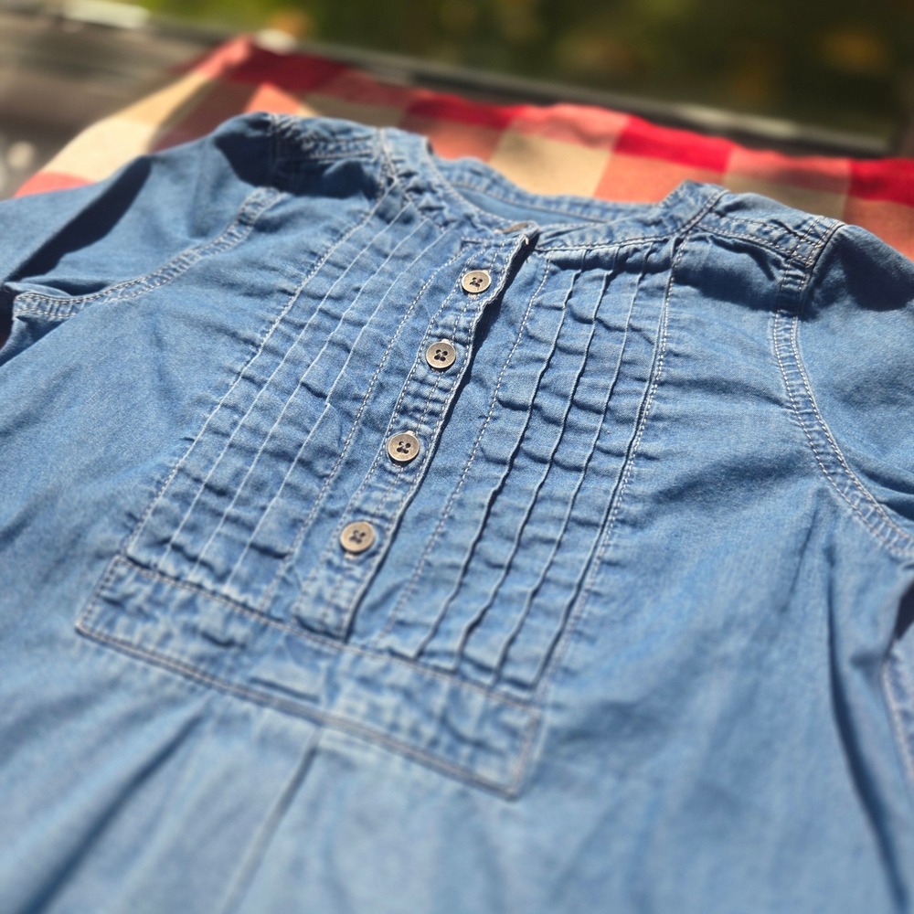 GapKids Girls Blue Denim Pintuck Bib Long Sleeve Dress Size S 6-7 Years Cotton